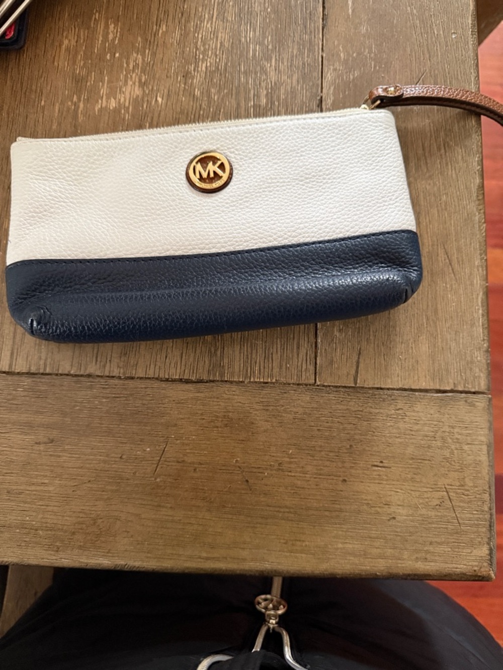 Michael Kors Navy and White Pebbled Leather Wristlet with Gold Logo